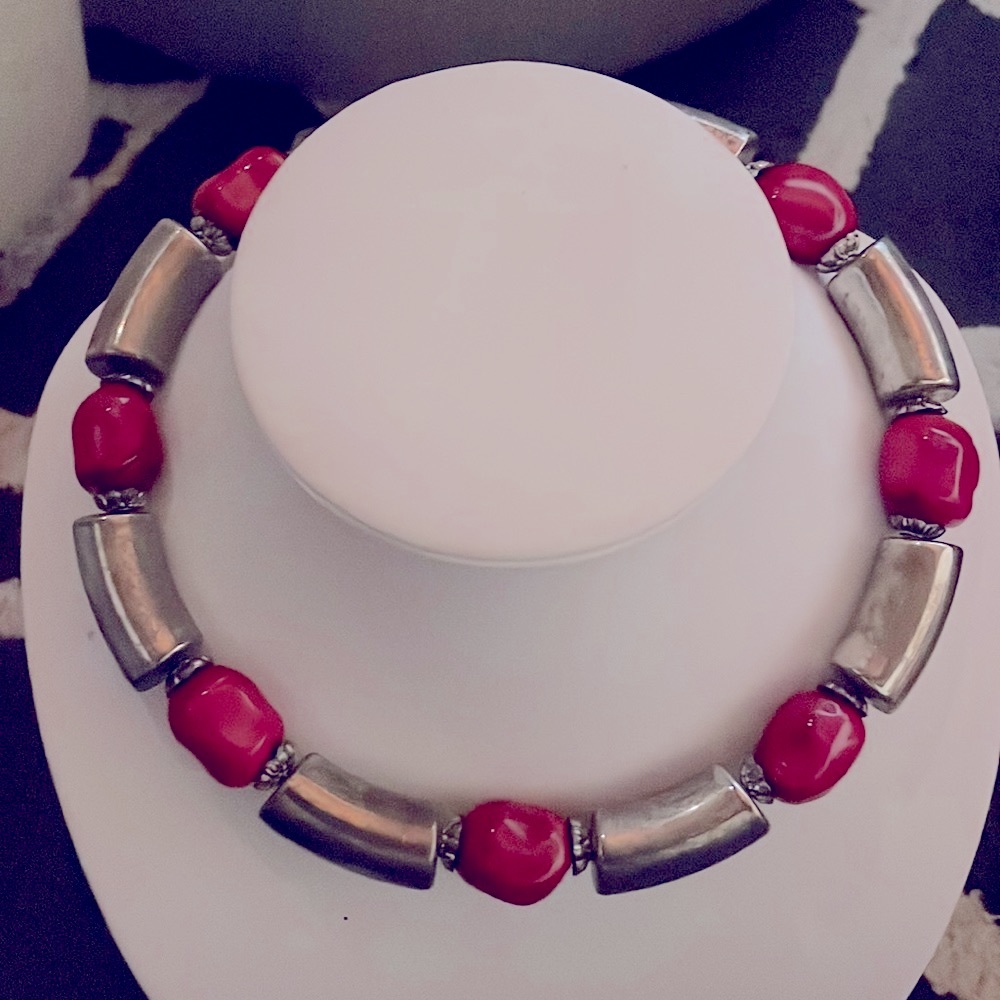 Red stone and Silver glass bead necklace
